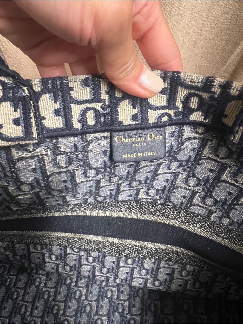 Dior Cream & Navy Oblique Canvas Tote with Christian Dior Stripe - Picture 9 of 9